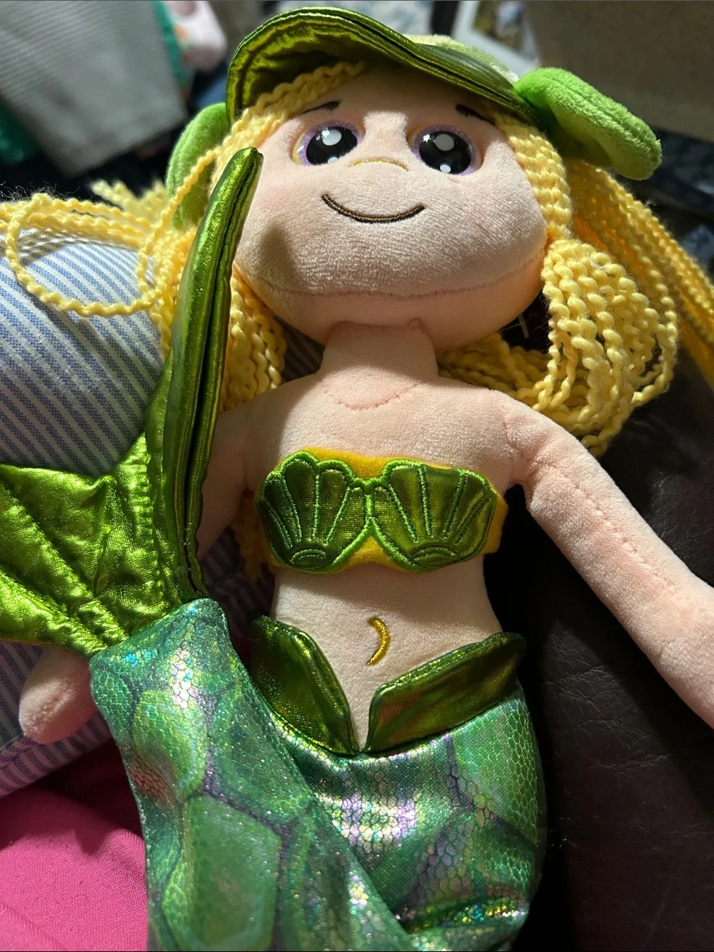 Big glassy eyes and Green scale legs and hat MERMAID doll. EUC